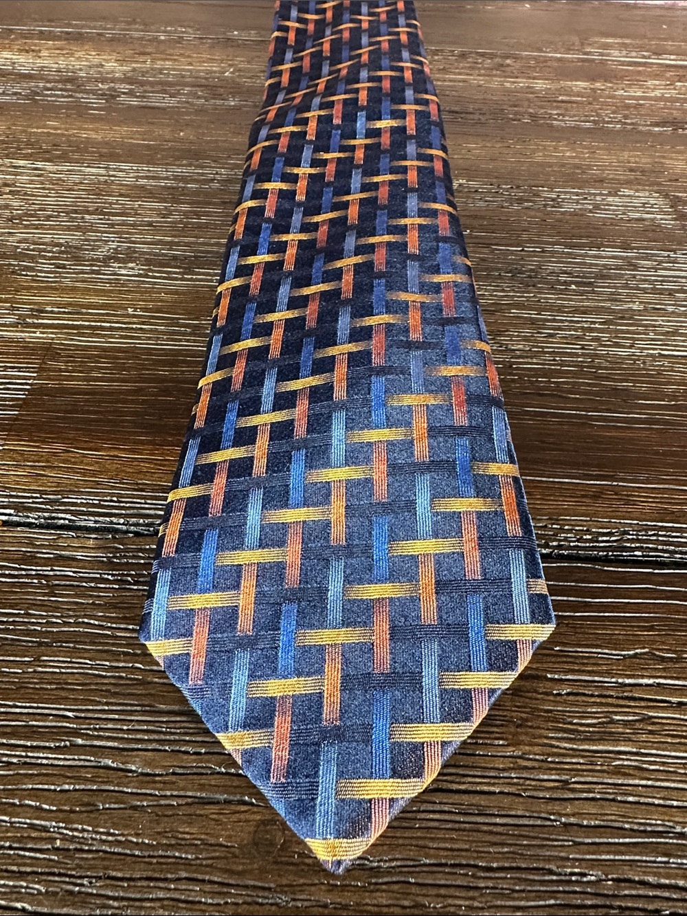 Bugatchi Silk Blue Tie with Orange and Gold Woven Pattern